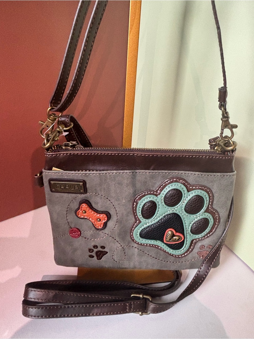 CHALA Gray Dog Paw Bag, Short and Long Crossbody Straps EUC